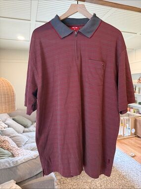 Oakley Men's Burgundy Striped Zip Polo with Dark Gray Collar